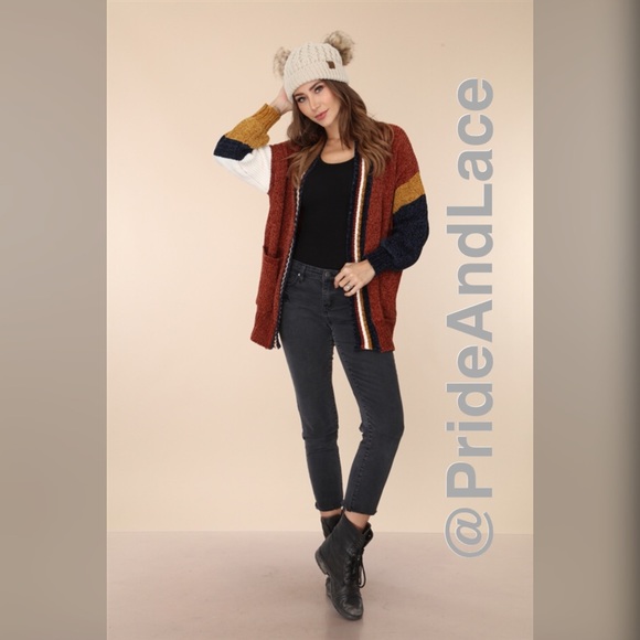 BRICK MULTI STRIPED CHENILLE CABLE KNIT CARDIGAN - Picture 5 of 8